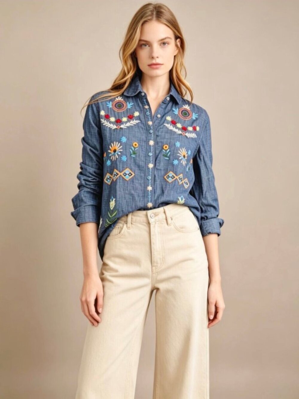 Johnny Was Josiy Button-Down Shirt Top Denim Embroidered Floral Size XXL